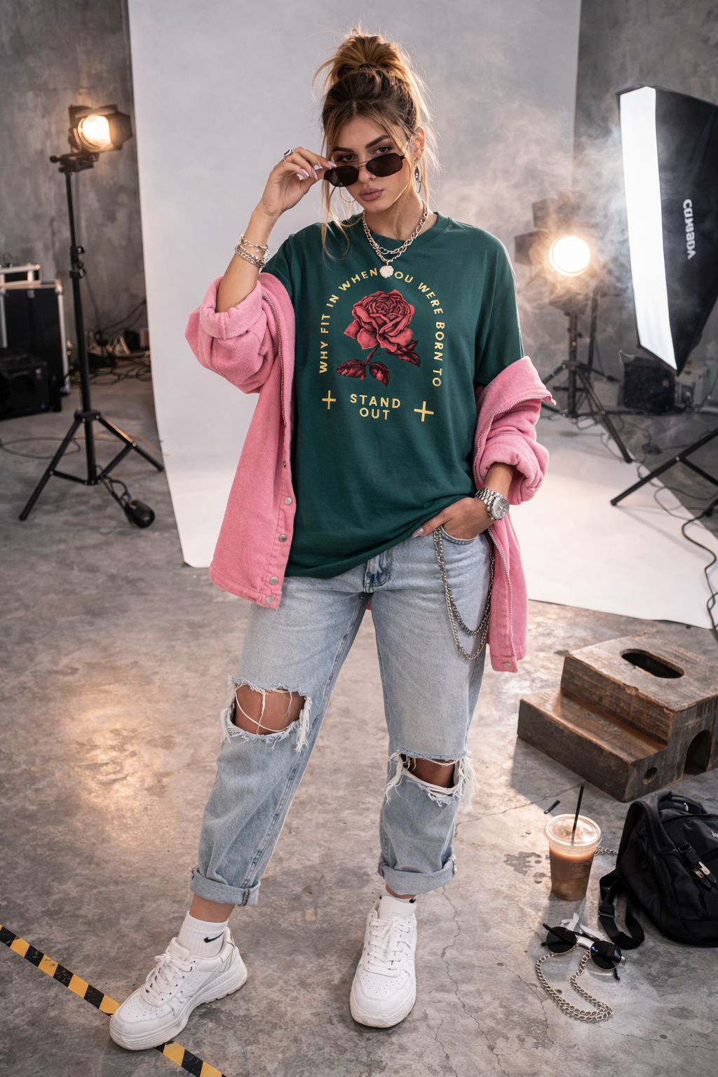 Camiseta  Verde con estampado de Rosa