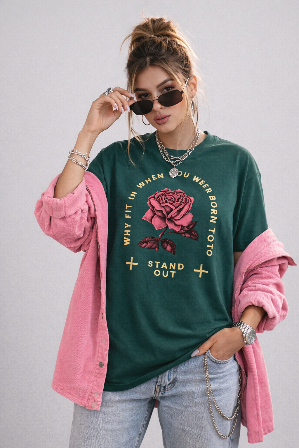 Camiseta  Verde con estampado de Rosa