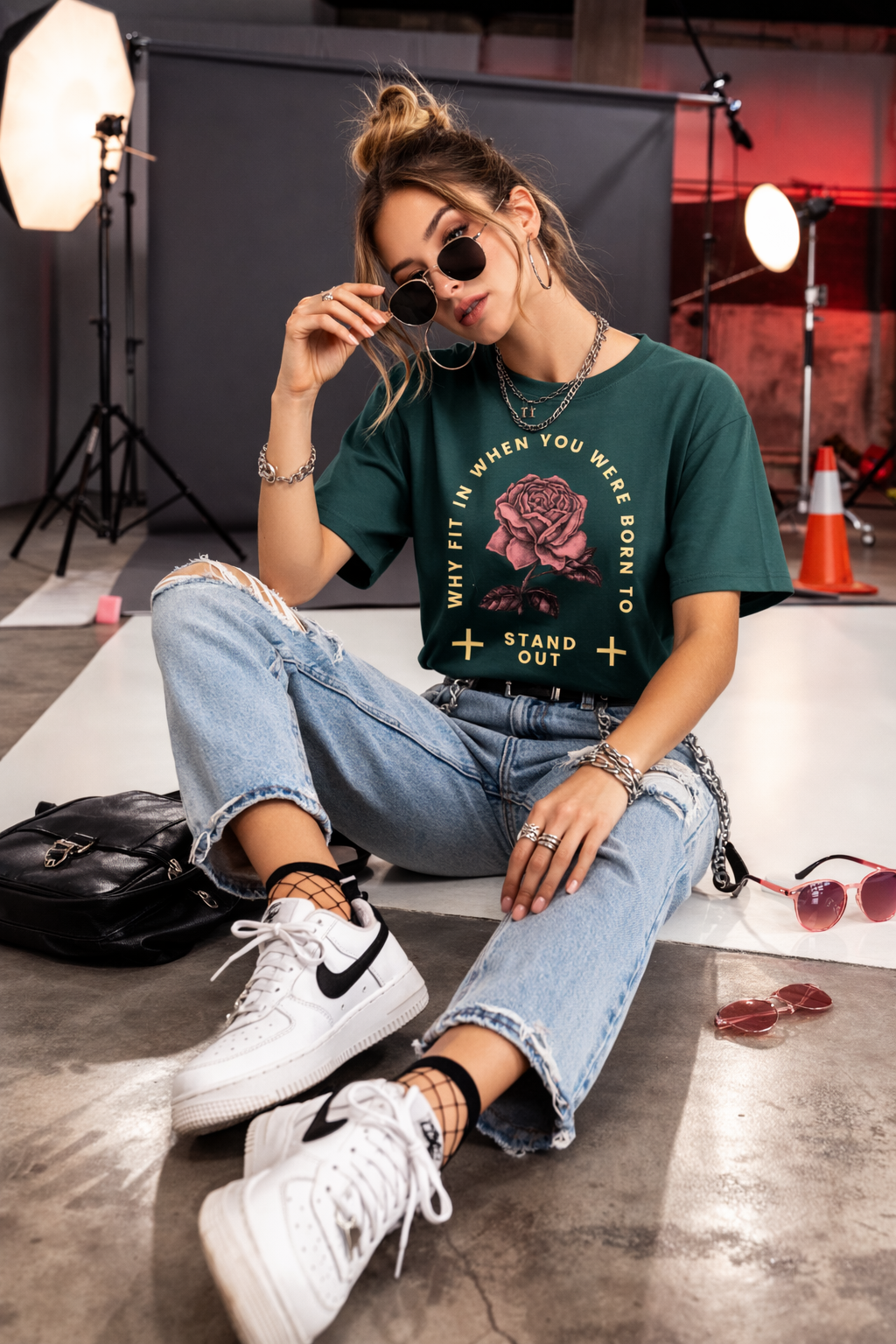 Camiseta  Verde con estampado de Rosa