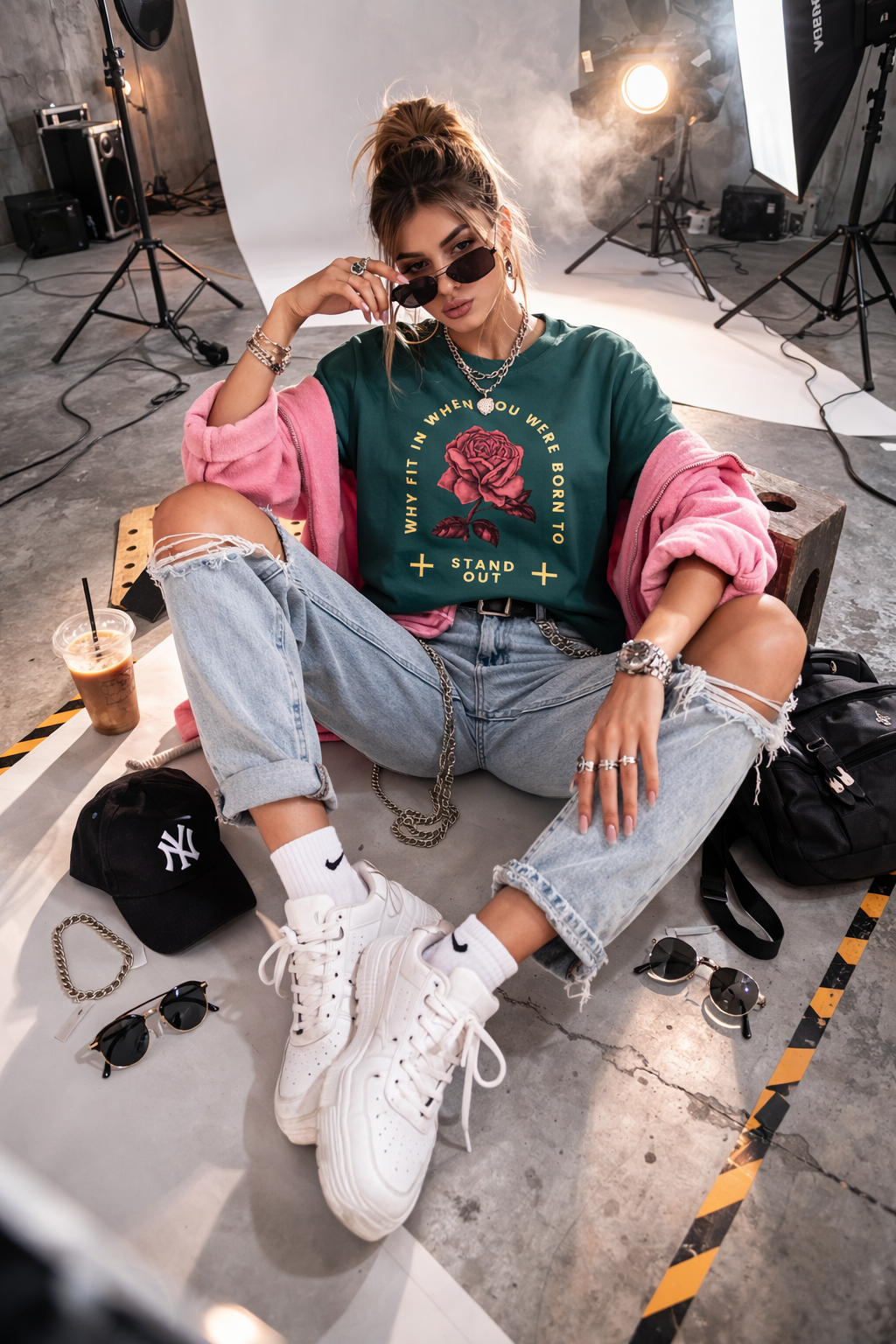 Camiseta  Verde con estampado de Rosa